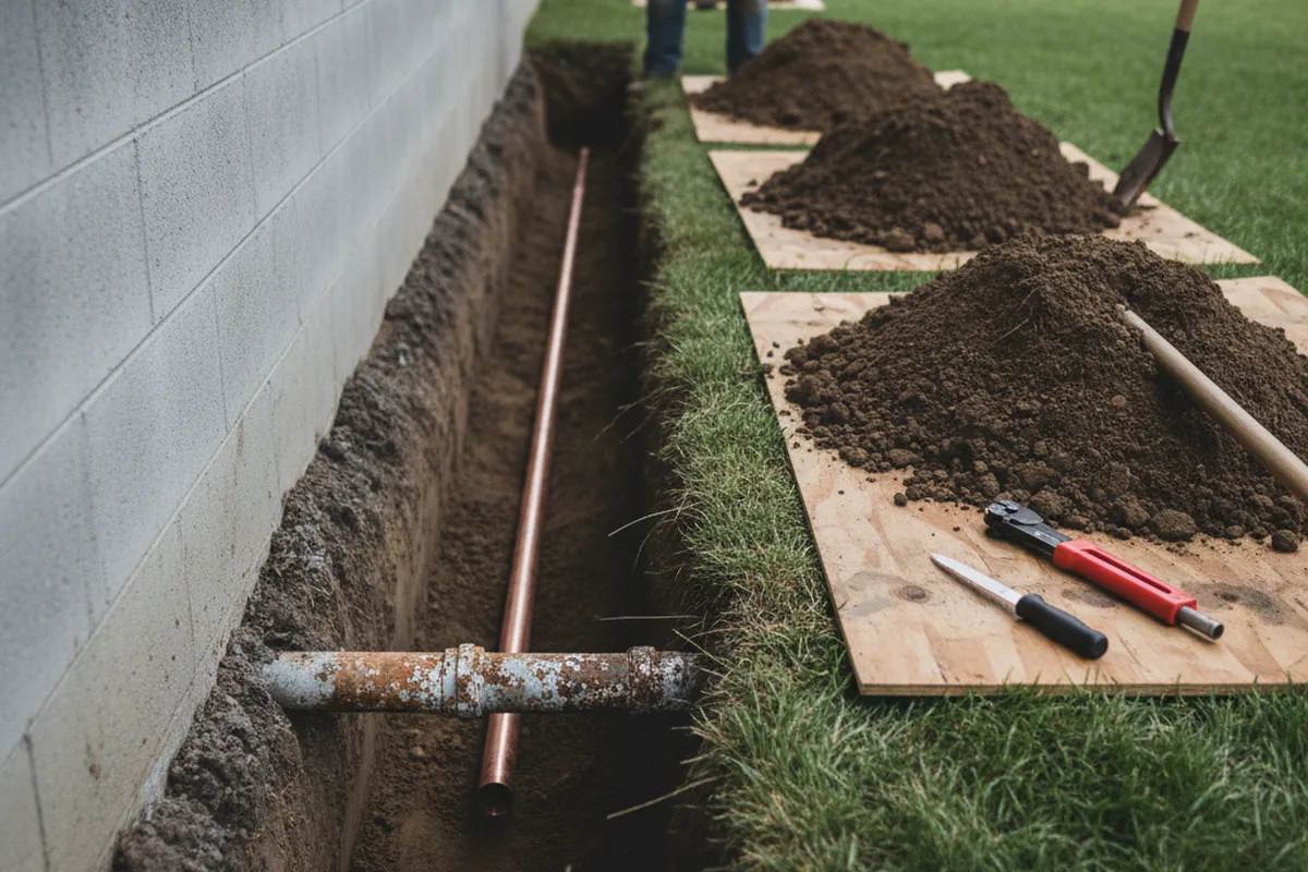 Excavated water line trench during Water Softener Installation in Muskogee